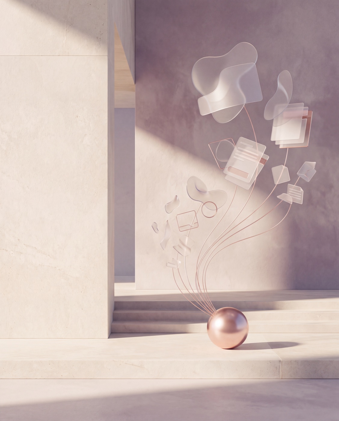 A softly lit cream studio where a polished rose-gold sphere gives rise to delicate threads and floating translucent forms — Respredica's emblem for transforming ideas into refined digital products.